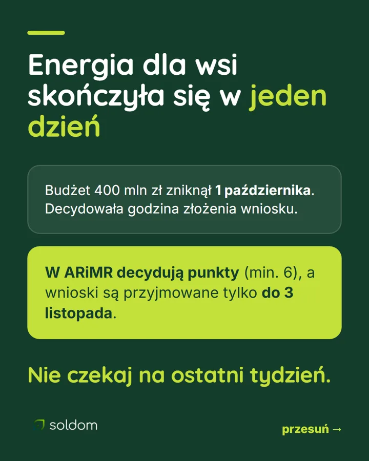Energia dla wsi skończyła się w jeden dzień — w ARiMR decydują punkty, wnioski do 3 listopada